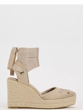 NEW ZARA Lace Up Ankle Tie Espadrille Wedge Beige 10